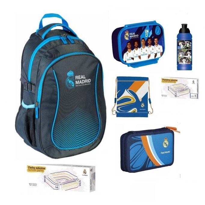 Set rucsac scoala, Real Madrid, penar, sac pentru pantofi, acuarele, plastilina, sticla de apa, cutie pentru pranz, multicolor