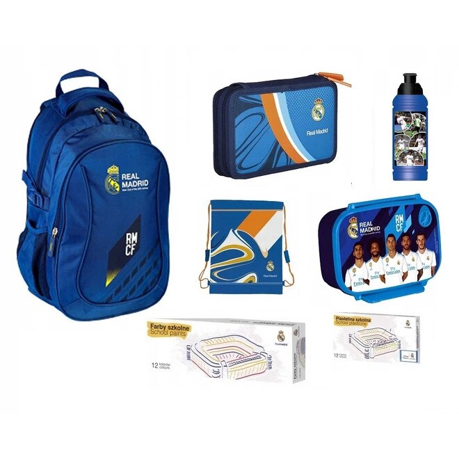 Set rucsac scoala, Real Madrid, penar, sac pentru pantofi, acuarele, plastilina, cutie pentru pranz, sticla de apa, multicolor