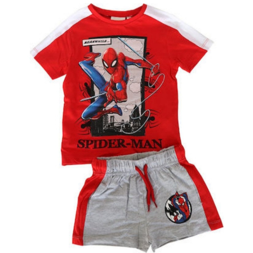 Set 2 piese tricou si pantalon scurt, SpiderMan, Rosu/Gri
