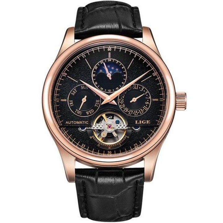 Мъжки автоматичен механичен часовник Lige, Classic, Elegant, Кожена каишка, Водоустойчив, Rose black