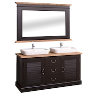 Dulap baie Szel-Mob cu 2 usi lamelare + oglinda, sertare cu sine - lavoare incluse, culoare top maro, culoare corp negru, dublu color, 100% lemn masiv