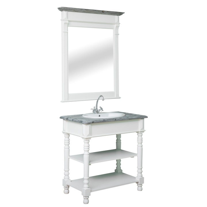 Dulap baie Szel-Mob cu picioare strunjite cu un lavoar - lavoar inclus + oglinda, culoare top gri, culoare corp alb murdar, 100% lemn masiv