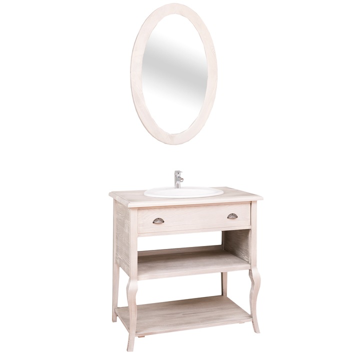 Dulap baie mic Szel-Mob cu picioare curbate, cu lavoar si oglinda, lavoar inclus, culoare gri, periata adanc, 100% lemn masiv