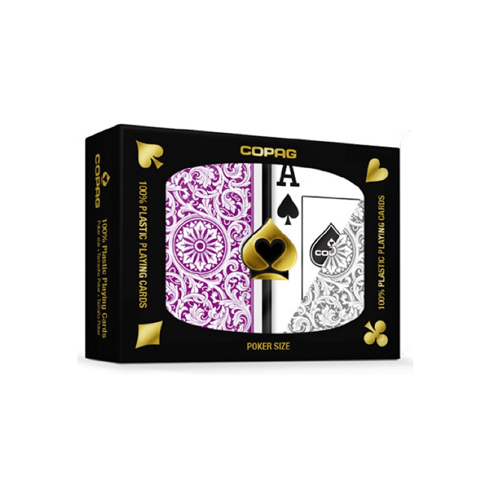 Set carti de joc poker Copag, 100% plastic, 2 pachete, spate purple si grey, index mare