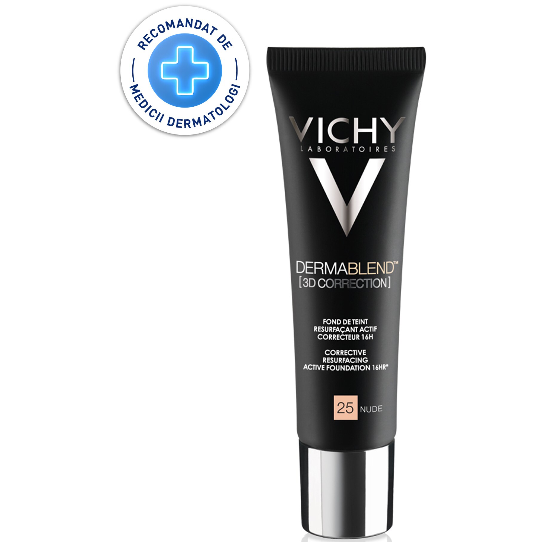 Fond de ten corector pentru tenul gras cu tendinta acneică Vichy Dermablend 3D Correction, nuanta 25 Nude, 30 ml