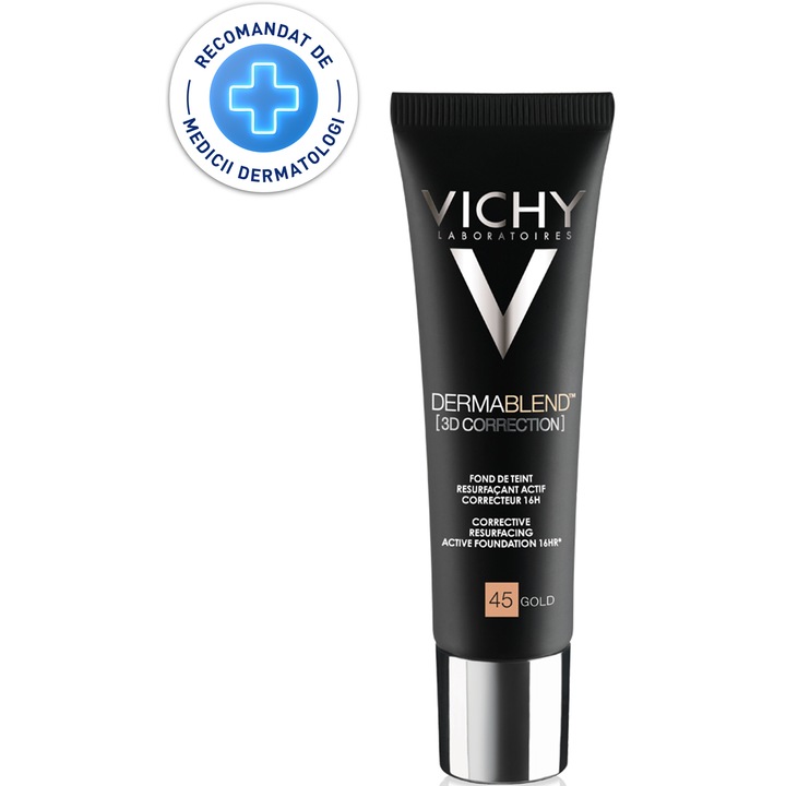 Fond de ten corector pentru tenul gras cu tendinta acneică Vichy Dermablend 3D Correction, nuanta 45Gold