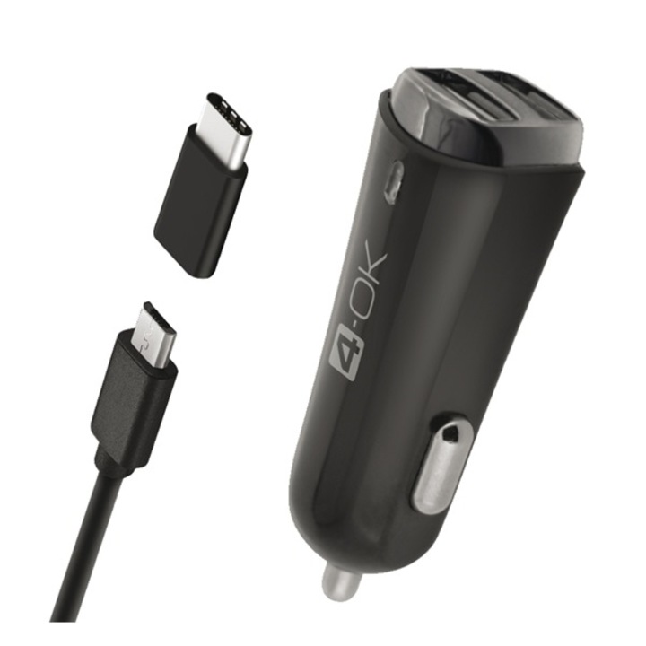 Blautel 4-OK autós töltő 2 x USB aljzat (5V / 3400mA + Type-C adapter + microUSB kábel), Fekete