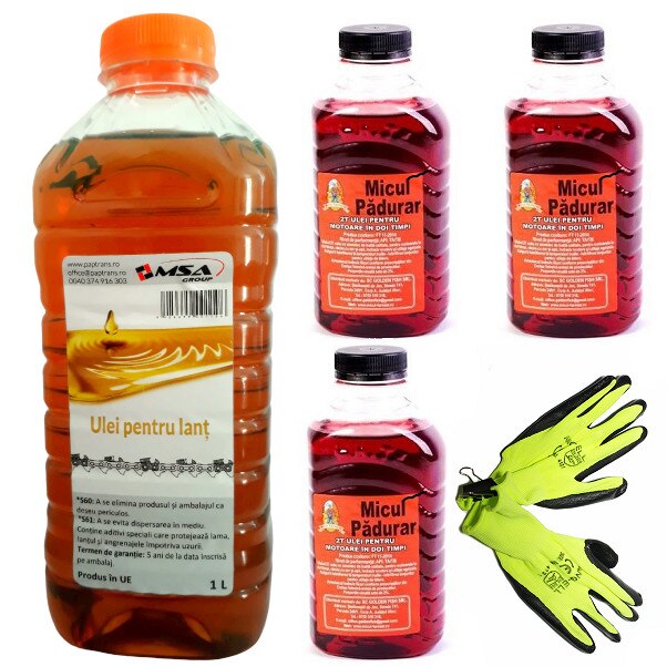 Pachet Ulei Ungere Lant 1L+ 3x Ulei 2 Timpi Rosu 0,5L MF+Manusi Gradina