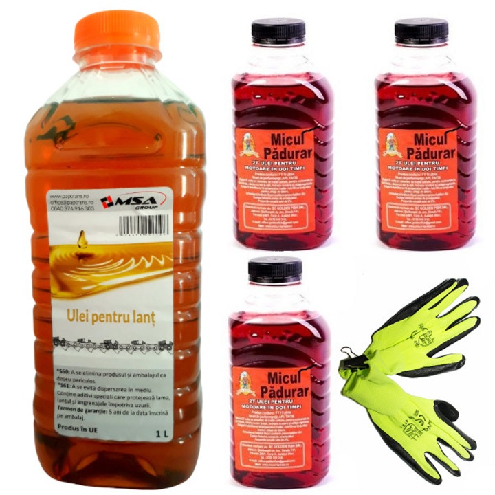 Láncolaj csomag, 1L+ 3x 2-ütemű olaj, piros 0,5L MF+kerti kesztyű
