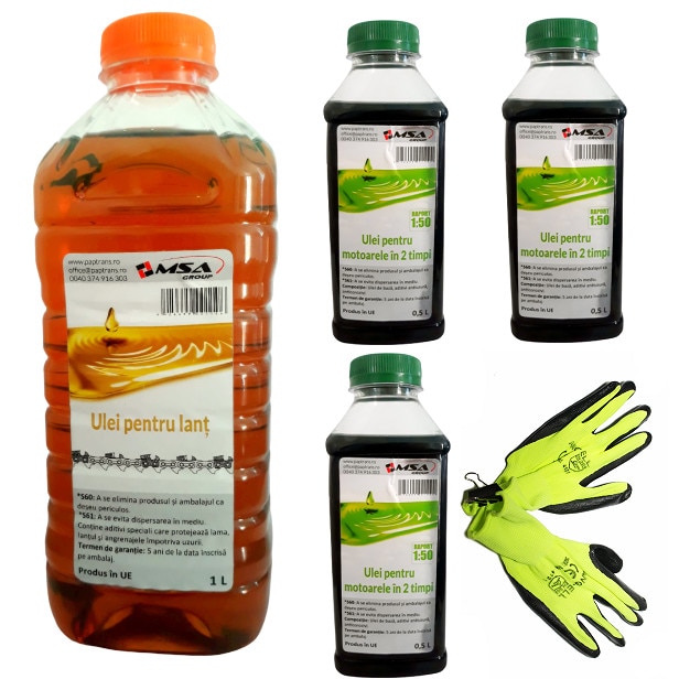 Pachet Ulei Ungere Lant 1L+ 3x Ulei 2 Timpi Verde 0,5L MSA+Manusi Gradina