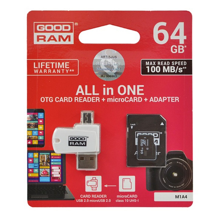 Card de memorie, GOODRAM, All In One TransFlash, 64GB, MicroSDHC EVO, Clasa 10, UHS-1, Adaptor SD, Cititor de carduri USB