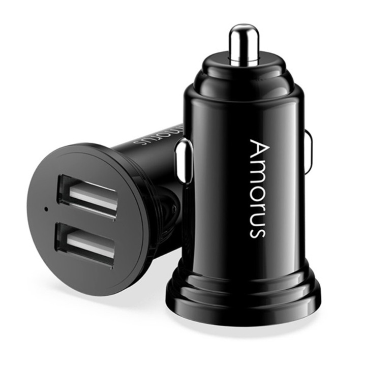 Amorus autós töltő 2 x USB aljzat (5V / 3400mA, gyorstöltés támogatás), Fekete