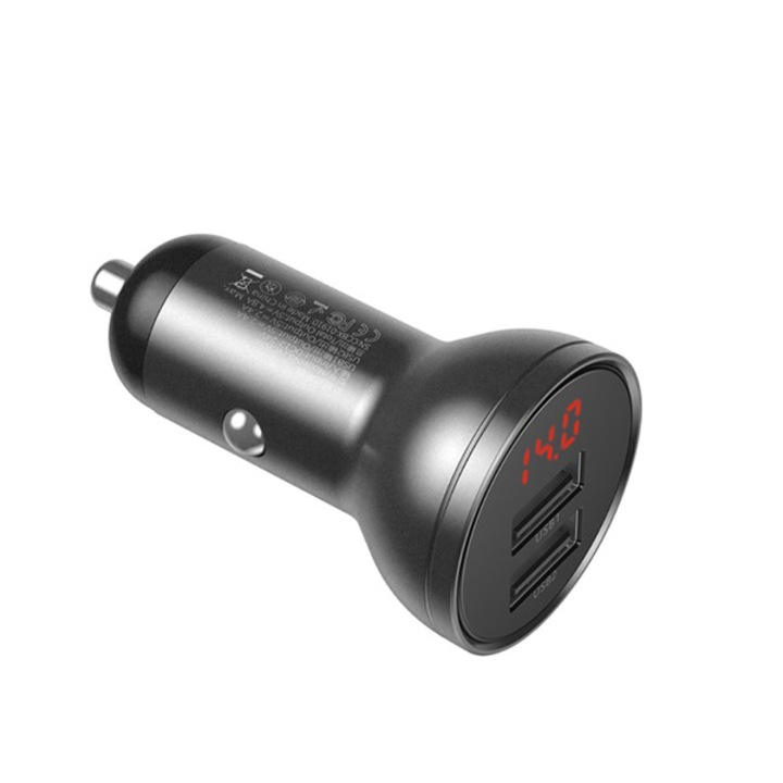 Baseus autós töltő 2 x USB aljzat (5V / 4800mA, 24W, LED kijelző, gyorstöltés támogatás), Szürke