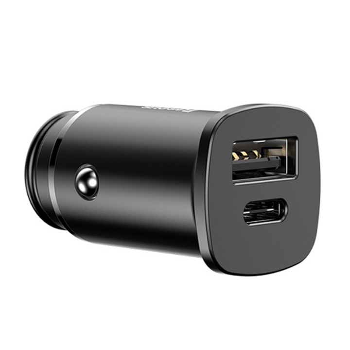 Baseus autós töltő USB + Type-C aljzat (4.5V / 5000mA, 5V/3000mA, gyorstöltés támogatás), Fekete