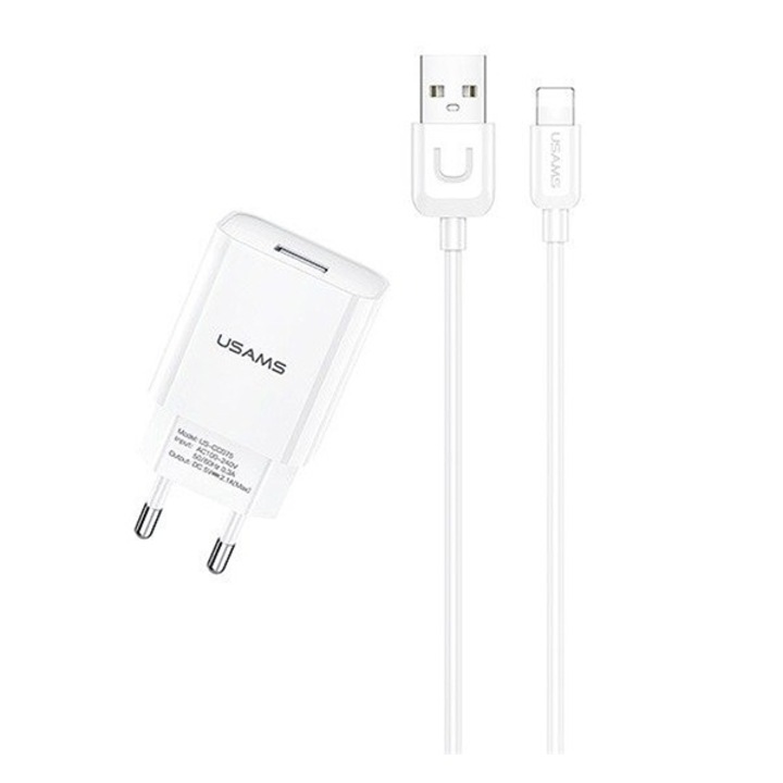 USAMS T21 hálózati töltő USB aljzat (5V / 2100 mA + lightning 8 pin kábel), Fehér