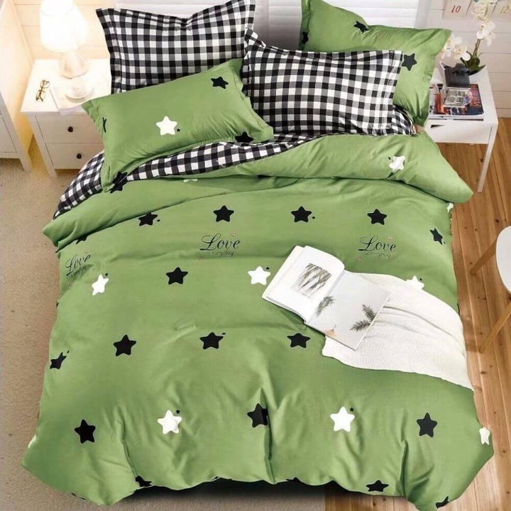 Комплект спално бельо, Двулицево, 6 части, За двойно легло, Модел със звезди, Зелен