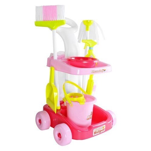 Carucior Profesional pentru Curatenie idealStore Cleaning Toys, cu Perie, Mop, Storcator, Galeata, Saci, Dezvolta Abilitatile Manuale si de Coordonare