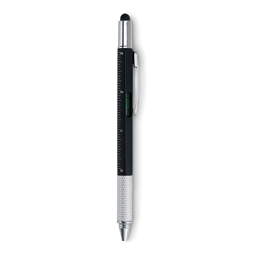 Stylus pen universal cu rigla, pix, surubelnita cu 2 capete si nivela, negru
