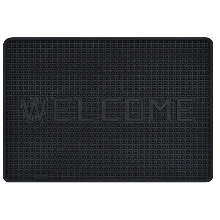 Входен килим Welcome, от каучук, черен цвят, правоъгълна форма, размер 50 х 35 см