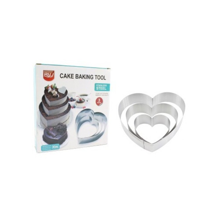 Set 3 bucati forme pentru tort, model inima, inox