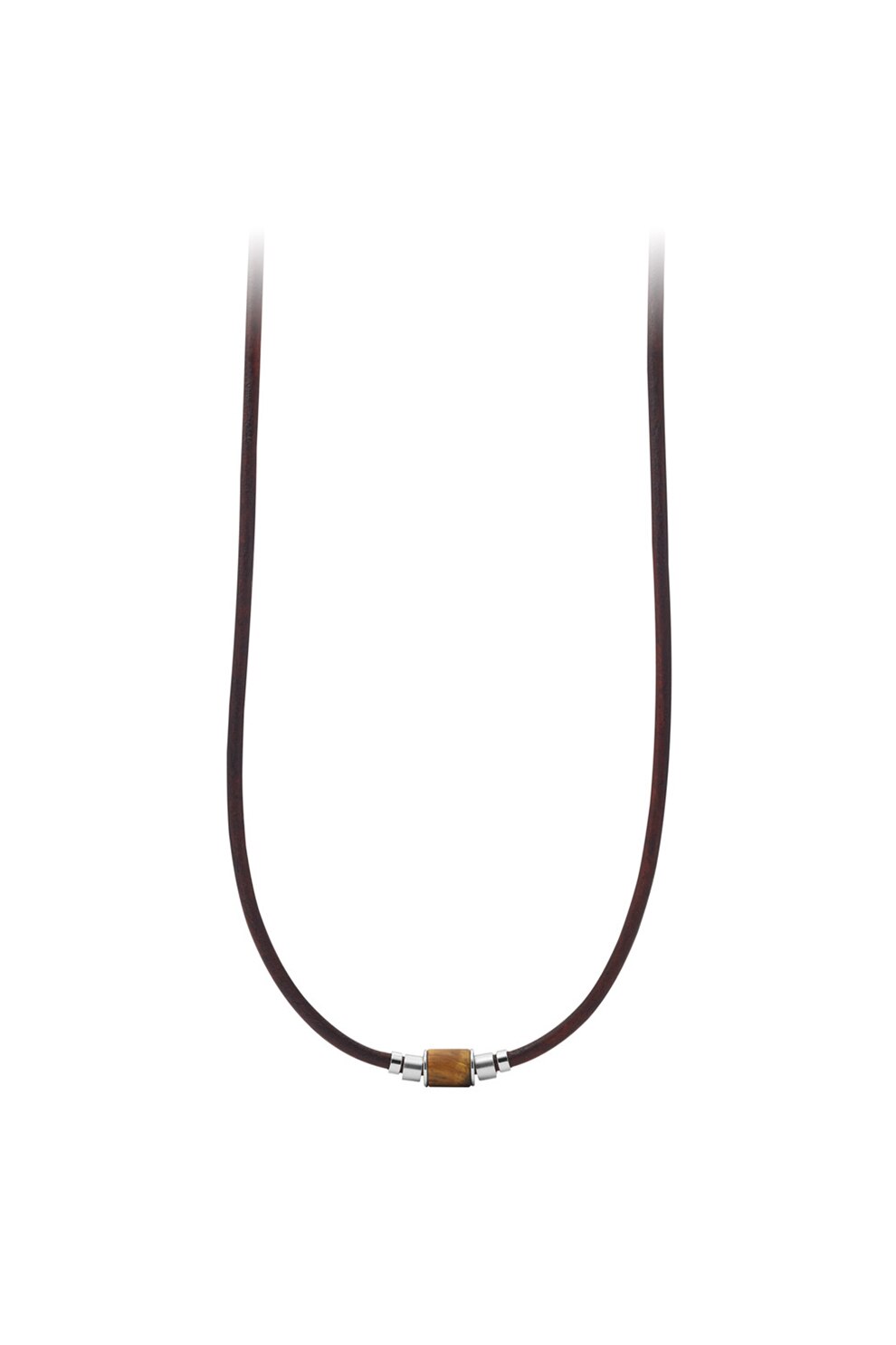 Fossil, Colier din piele cu pandantiv ochi-de-tigru, Maro inchis