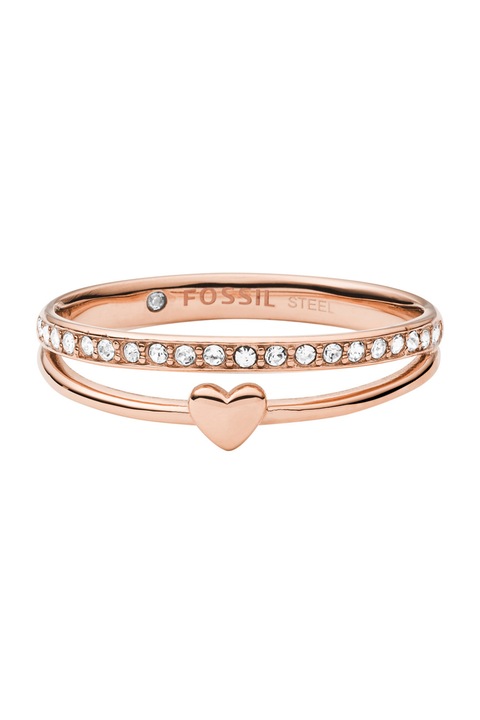 Fossil, Inel cu model dublu, decorat cu cristale, Auriu rose, 49 Standard