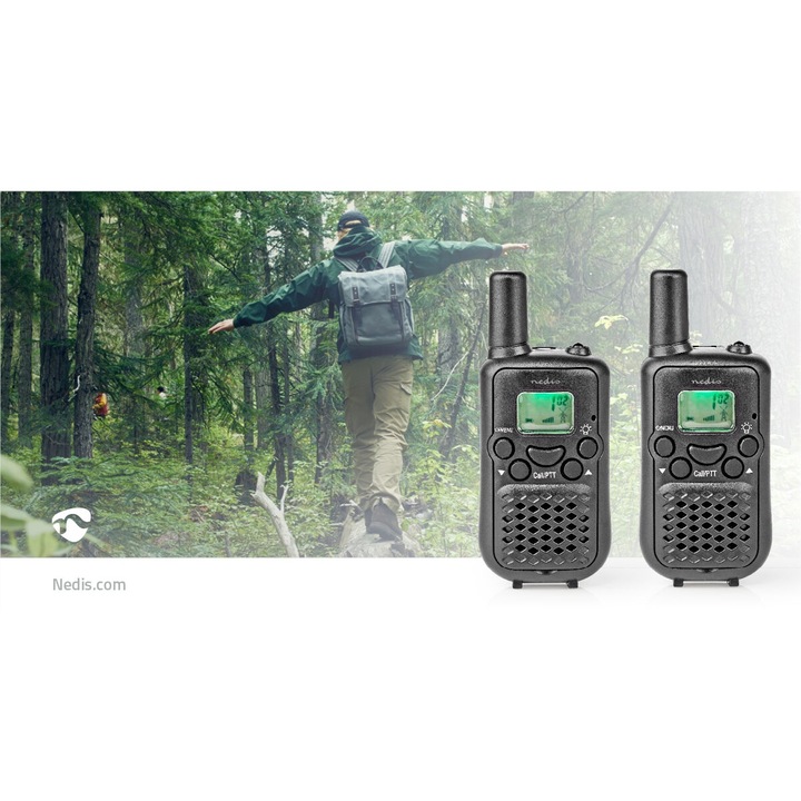 Walkie-Talkie szett, Nedis, 5 km hatótáv, csatornák: 8, PTT/VOX, Max. 2.5 óráig, Fekete