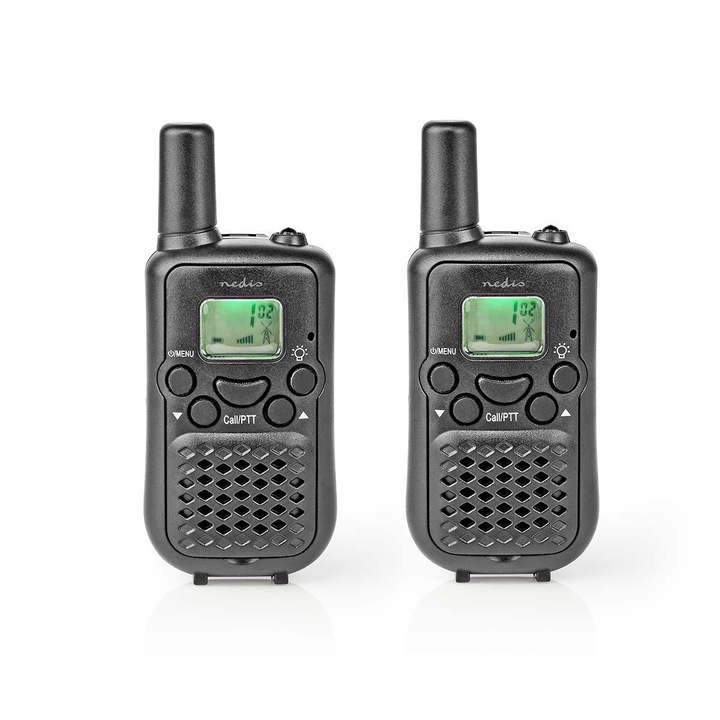 Радиостанция Walkie-Talkie Nedis, Обхват 5 км, 8 канала, VOX, Автономност 24 часа, 446 MHz, Черен