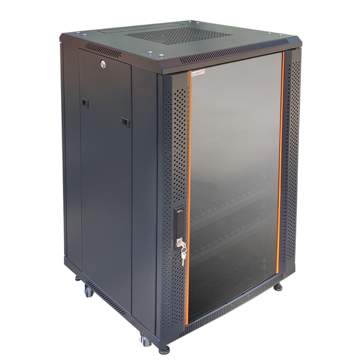 Dulap rack server LanKATT 19" 24U 600x1000, echipat, montare pe podea (free standing), metalic, negru, dezasamblat