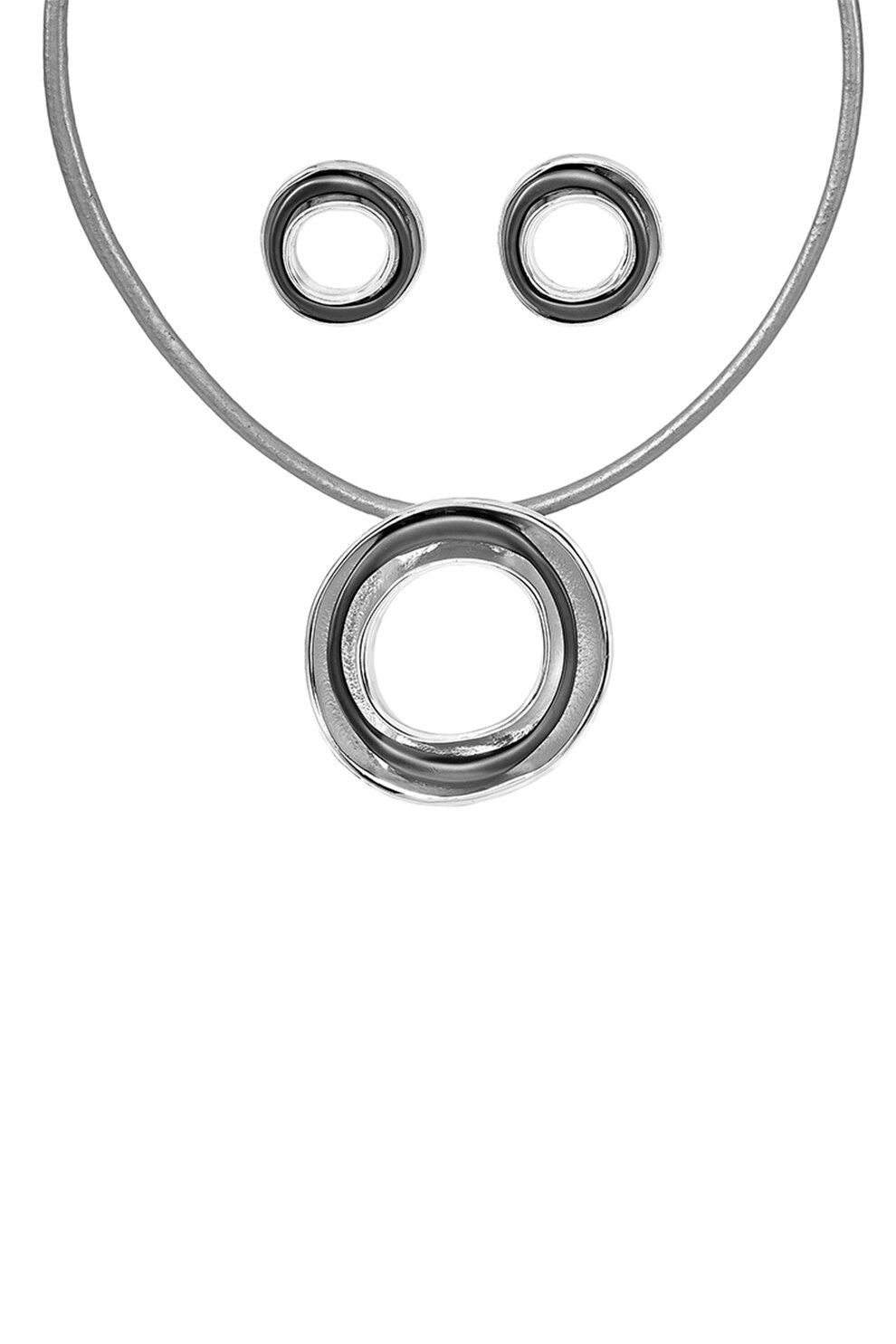 Antonelli, Set de colier si cercei din bronz, cu model circular, Argintiu inchis