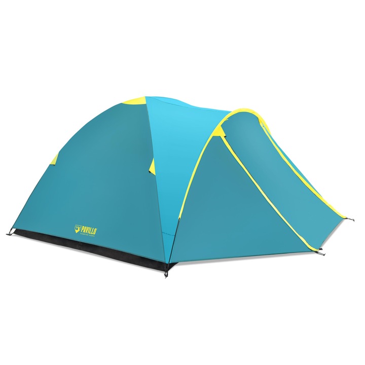 Cort albastru de 4 persoane pentru camping, pescuit sau calatorii din poliestern 190T, este prevazut cu folie de protectie la sol din polietilena + geanta de transport , ATS