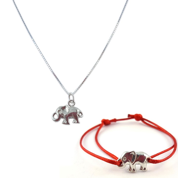Set: Lantisor argint pandantiv Elefant + Bratara snur rosu Elefant 6017 Dras