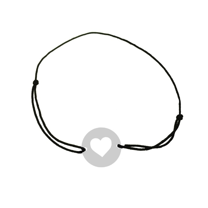 Bratara Inima Argint 925, banut decupat, snur negru, unisex