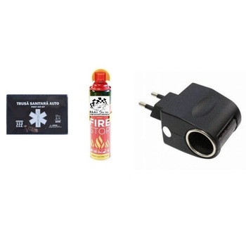 Kit siguranta rutiera Motor Starter™ 5 ani valabilitate, Trusa medicala auto prim ajutor + Stingator auto tip spray 1000 ml, Adaptor incarcator auto 220V->12V, 500 mAh, negru Kit siguranta rutiera Motor Starter™ 5 ani valabilitate, Trusa medicala auto prim ajutor + Stingator auto tip spray 1000 ml, Adaptor incarcator auto 220V->12V, 500 mAh, negru