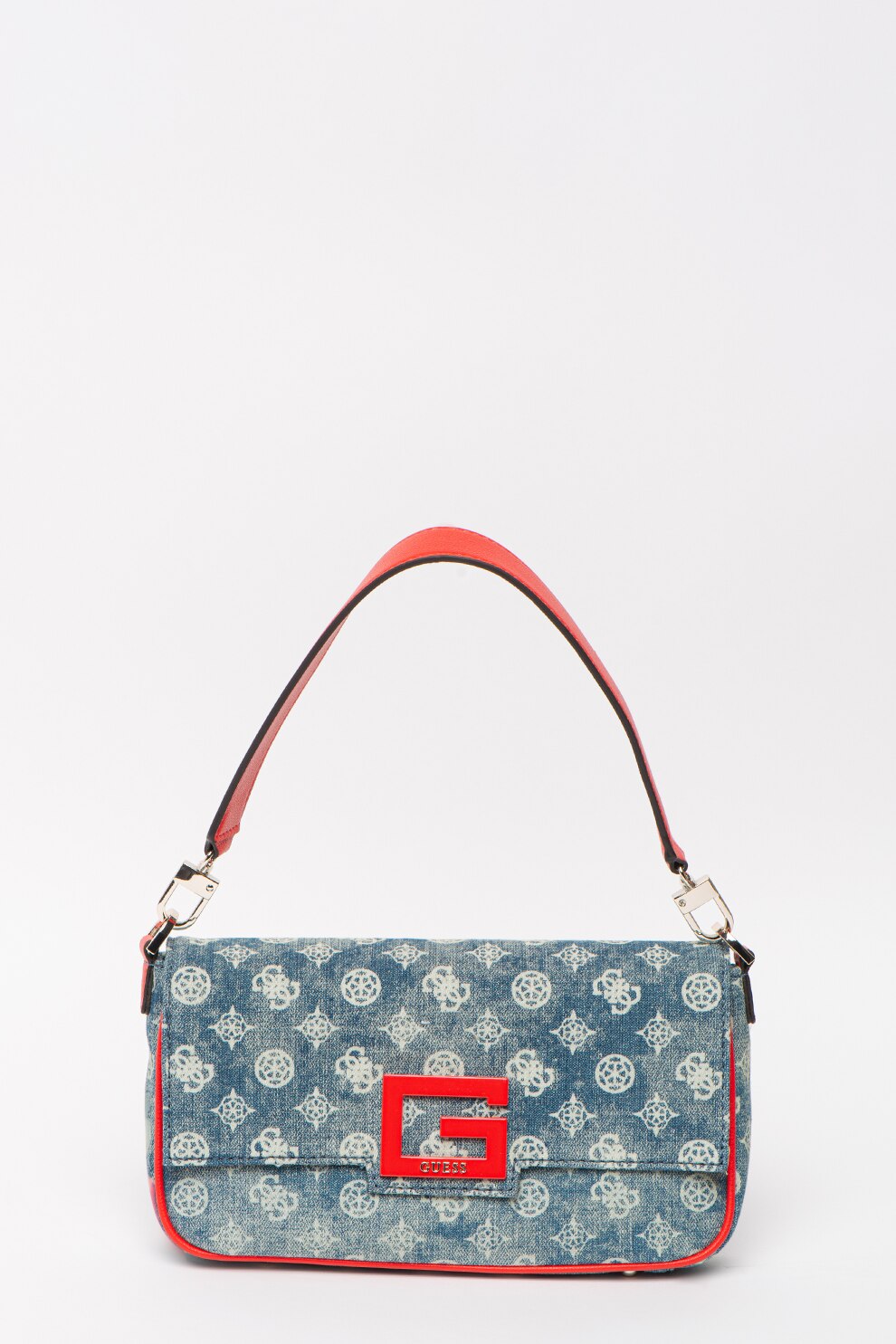 Guess, Geanta din denim, cu bareta de umar Brightside, Albastru inchis/Alb prafuit/Rosu