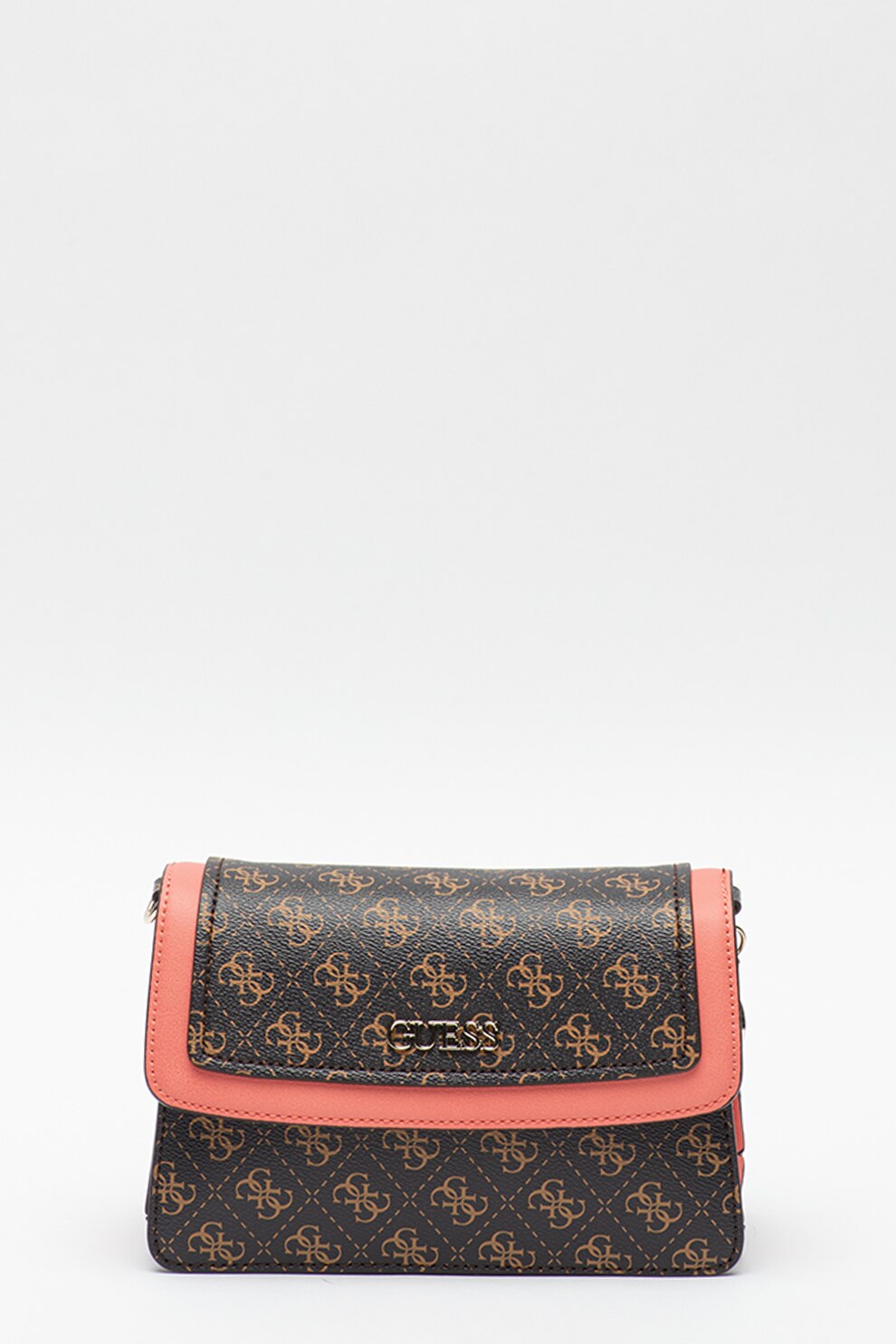 Guess, Geanta crossbody de piele ecologica Camy, Maro inchis/Roz/Maro camel