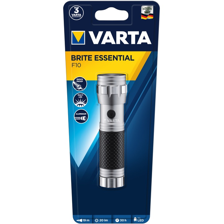 Фенер LED Varta Brite Essential F10, 20 лумена, 3xAAA, Алуминий/Каучук