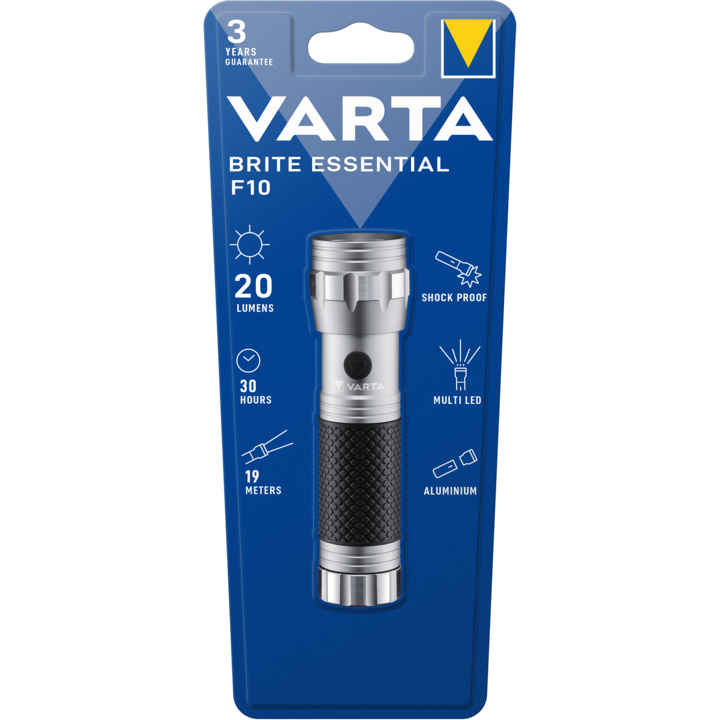 Lanterna LED Varta Brite Essential F10, 20 lm, 3xAAA, Aluminiu/cauciuc