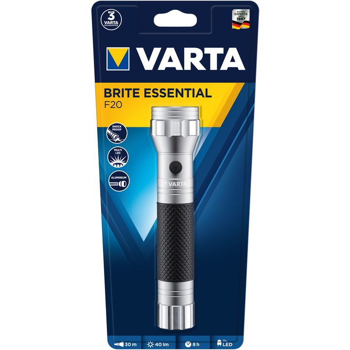 Фенер LED Varta Brite Essential F20, 40 лумена, 2xC, Алуминий/Каучук