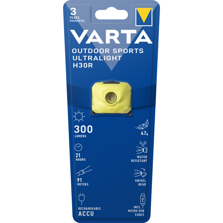 Lanterna LED Varta Outdoor Sports Ultralight H30R, 300 lm, cu acumulator 600mAh 3.7V, IPX4,Galben