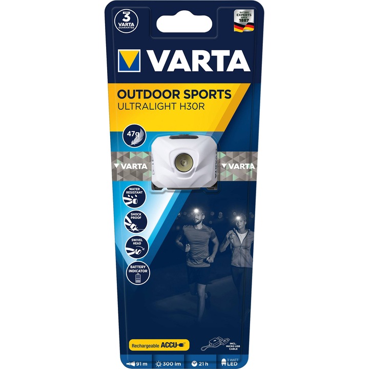 Фенер LED Varta Outdoor Sports Ultralight H30R, 300 лумена, С батерия 600mAh 3.7V, IPX4, Сив