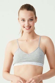 U.S. Polo Assn., Bustiera cu decolteu in V si banda cu logo, Gri deschis U.S. Polo Assn., Bustiera cu decolteu in V si banda cu logo, Gri deschis