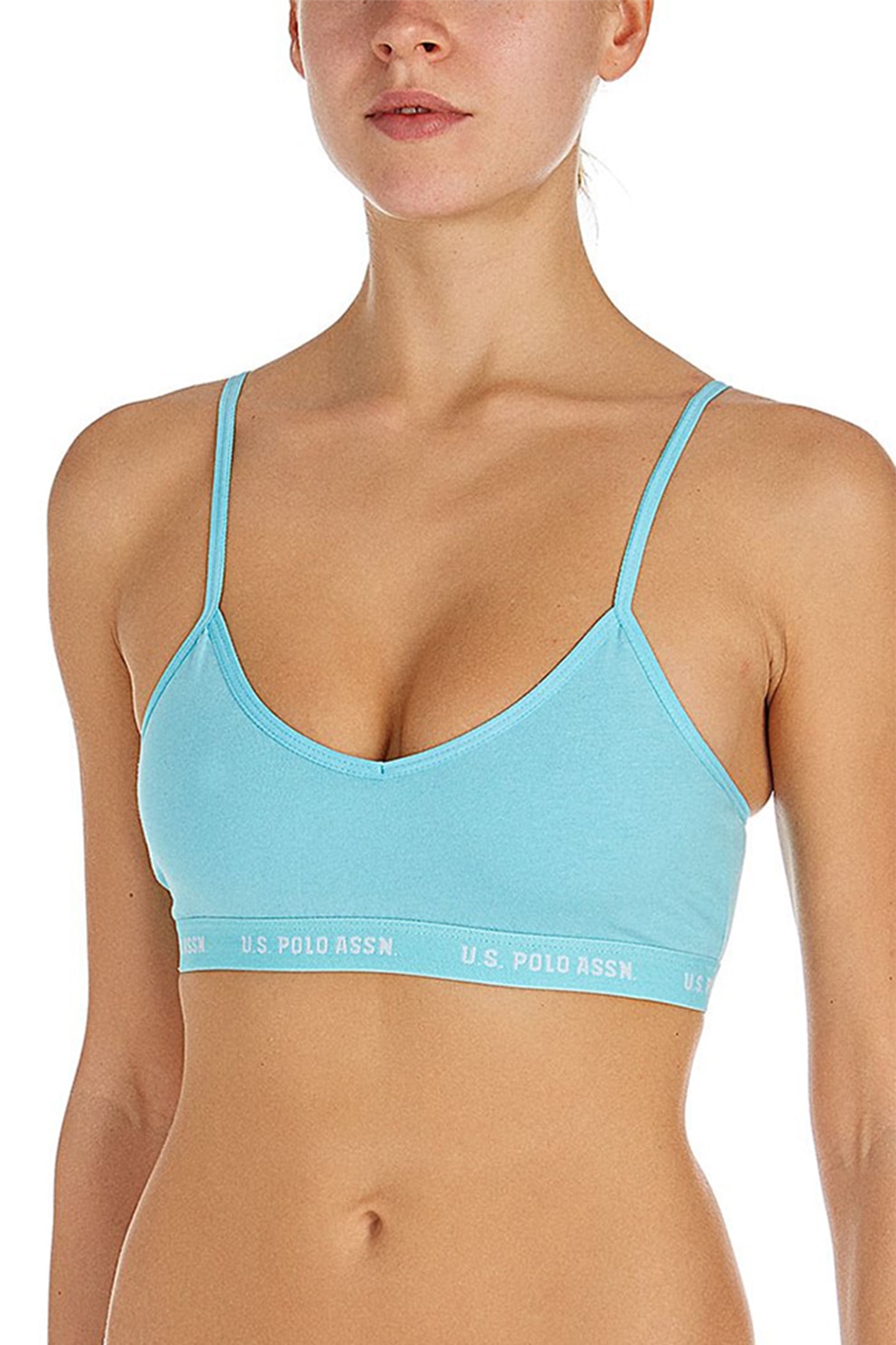 U.S. Polo Assn., Bustiera cu decolteu in V si banda cu logo, Verde menta