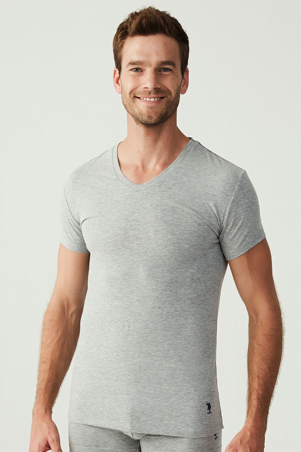 U.S.Polo Assn., Set de tricouri de casa cu decolteu in V - 2 piese, Gri