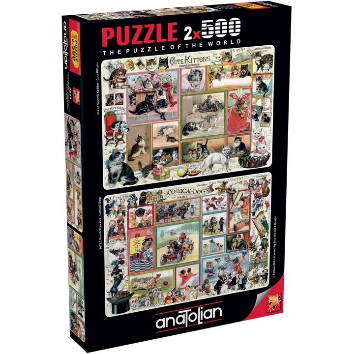 Пъзел Anatolian - Barbara Behr, Cute kittens & comical dogs, 2x500 части
