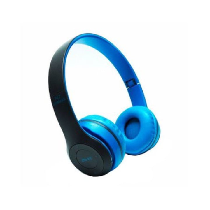 KATHODE P47 Bluetooth fejhallgató, Mikrofonnal és rádióval, Vezeték nélküli, Összecsukható, TF kártya, FM sztereó rádió, MP3 lejátszó, Kék