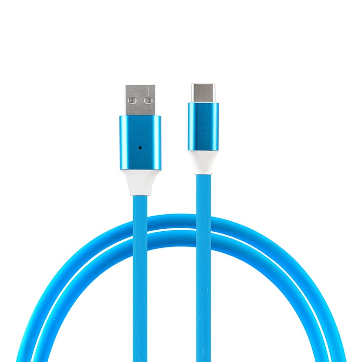 Кабел за зареждане, светлинна игра с разпознаване на музикален ритъм, EVTrend® PREMIUM MAGNETIC, USB-C, алуминиев метален конектор, TPE защитно покритие, за Android телефон или таблет, USB, USB-C, 5V, 2A, 1m, LED , СИН