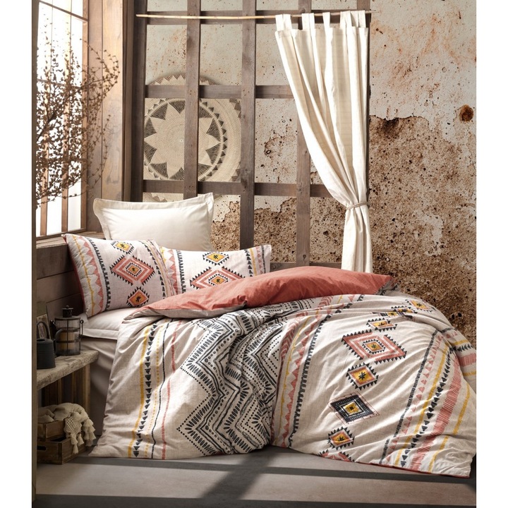 Lenjerie pat dublu, bumbac 100% ranforce, 4 piese, Cotton Box, Felix - Tile Red