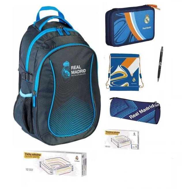 Set rucsac scoala, Real Madrid, penar, sac pentru pantofi, husa creion , pix, plastilina, acuarele