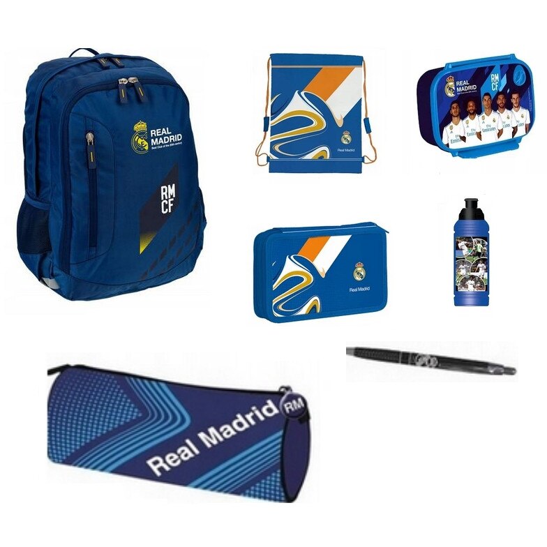 Set pentru scoala, Real madrid, rucsac, penar, sac pentru pantofi, pix, husa creion, cutie pentru pranz, sticla de apa